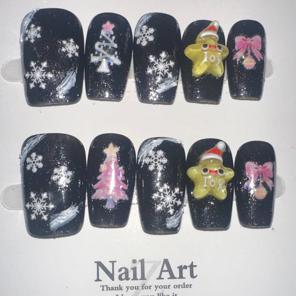 Festive Black Nail Art Set with Holiday Designs